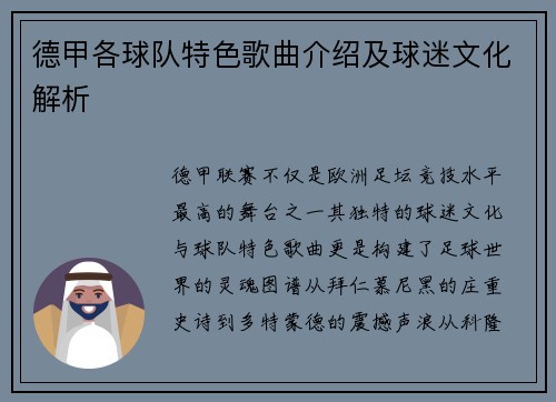 德甲各球队特色歌曲介绍及球迷文化解析